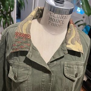 Nanette Keller Artichoke Army Green Denim Jean Shirt Embroidered Collar NEW